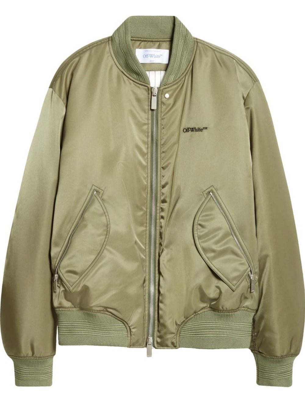Off-White Olive Green Satin Flight Bomber Jacket